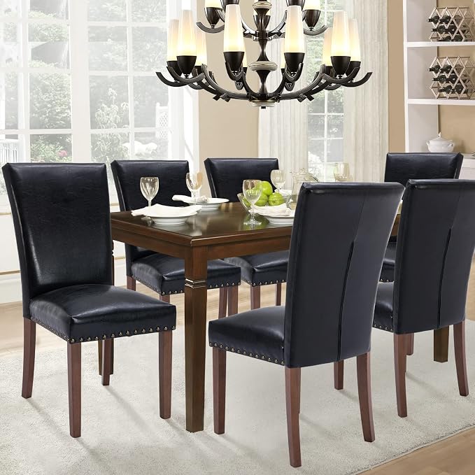 Parsons Dining Chairs Set of 4, Upholstered Nailhead PU Leather Dining Room Kitchen Side Chair with Thick Cushions and Wood Legs, Black