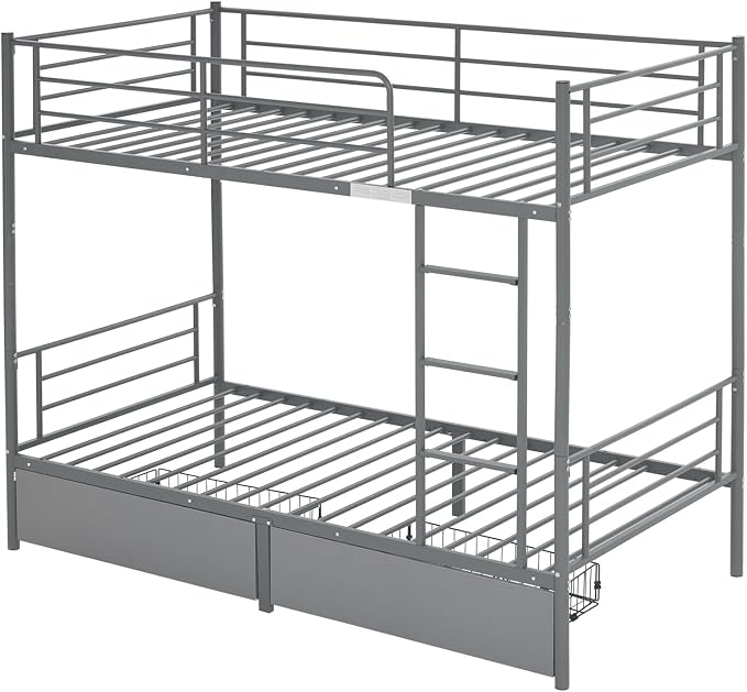 Karl home Grey Bunk Bed Twin Over Twin with 2 Storage Drawers, Metal Bunk Bed with Built-in Ladder and Safety Guardrail, Space-Saving Twin Bunk Beds for Kids, Teens & Adults, No Box Spring Needed