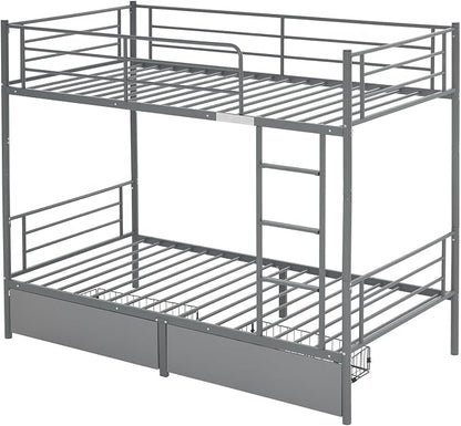 Karl home Grey Bunk Bed Twin Over Twin with 2 Storage Drawers, Metal Bunk Bed with Built-in Ladder and Safety Guardrail, Space-Saving Twin Bunk Beds for Kids, Teens & Adults, No Box Spring Needed