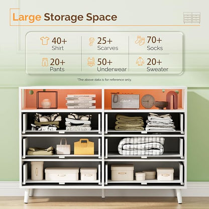 VINGLI Fluted White Dresser, Led Dresser 6 Drawer, White Wood Bedroom Dressers TV Stand, Modern, 47" W*15.75" D*33" H
