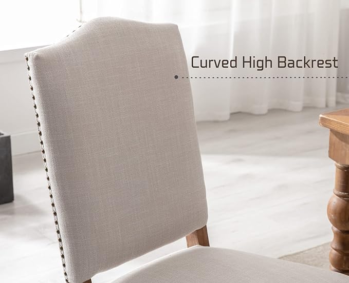 EALSON Farmhouse Dining Chairs Set of 4 Upholstered Dining Room Chairs with Wood Legs and Nailhead Trim Mid Century Modern Kitchen Chairs with High Back Padded Parson Chairs, Linen Beige