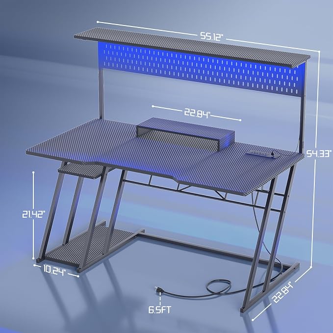 Armocity Gaming Computer Desk with Hutch and LED Lights, 53'' Black Gaming Desk with Storage Shelves, Reversible PC Gamer Desks with Pegboard, Ergonomic Desk for Bedroom, Carbon Fiber Surface