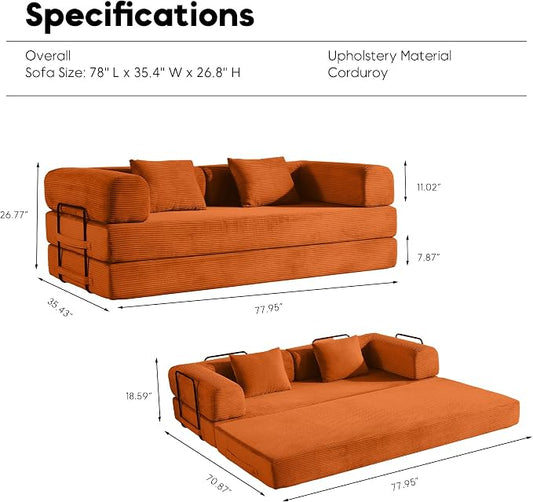 ZEIINPA Convertible Folding Couch Bed, Comfy Corduroy Sleeper Floor Sofa Bed with Fixed-Shape Frame, Floor Sofa with Armrest, Lounge Couch for Living Room Bedroom Lounge Studio, Orange