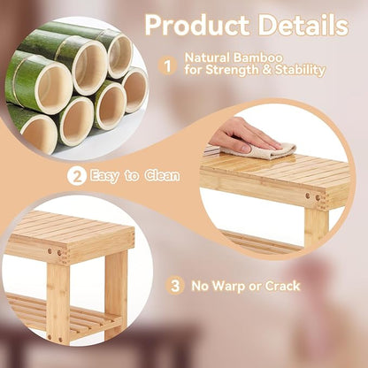 Sweetcrispy 3-Tier Shoe Rack Bench for Entryway, 27 Inches, Wood | Bamboo Shoe Storage Bench, Shoes Rack for Entrance, Bedroom, Living Room, Balcony, 6 Pairs, 286lb Capacity