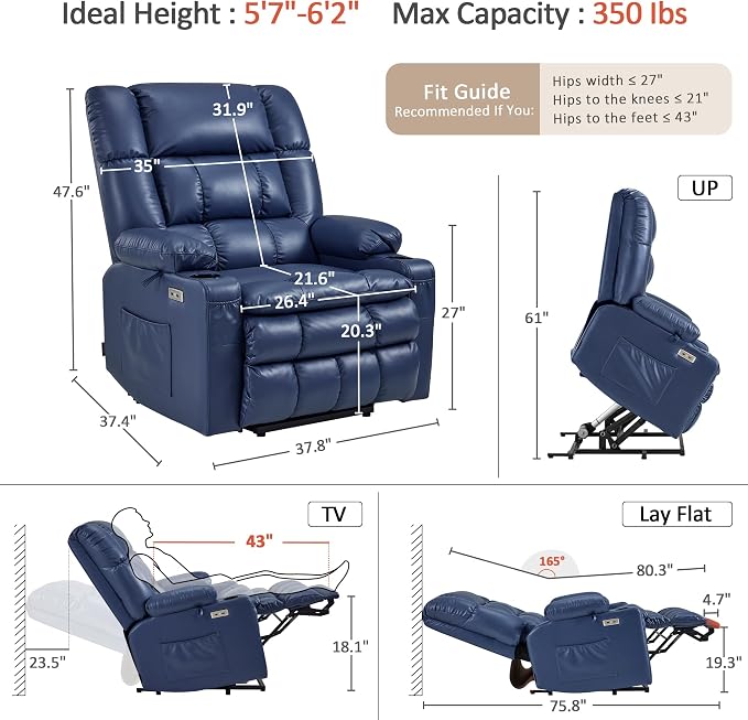 MCombo Dual Motor Power Lift Recliner Chair for Elderly, Lay Flat Lift Chair with Heat and Massage, Oversized Lift Recliner for Big and Tall, Faux Leather R7891 (Blue, Large-Wide)