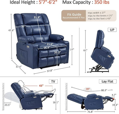 MCombo Dual Motor Power Lift Recliner Chair for Elderly, Lay Flat Lift Chair with Heat and Massage, Oversized Lift Recliner for Big and Tall, Faux Leather R7891 (Blue, Large-Wide)