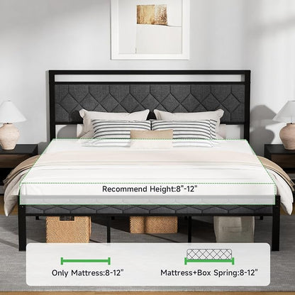 Z-hom King Size Bed Frame, King Bed Frame with Upholstered Headboard, Metal Platform Beds Solid and Stable, Grey, Noise Free, Easy Assembly, No Box Spring Needed