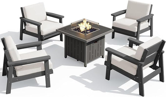 SERWALL Patio Furniture Set with 33” Fire Pit Table, HDPE Outdoor Sectional Sofa Set with Thickened Cushions, Grey Frame with Khaki Cushions