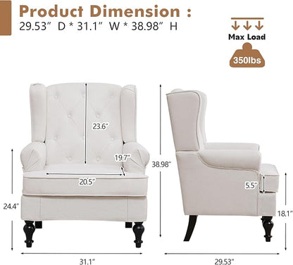 Accent Chair for Living Room, Mid Century Modern Upholstered Armchair, Wingback Chair with Tufted High Back and Solid Legs, Comfy Side Chairs Single Sofa for Bedroom, Beige