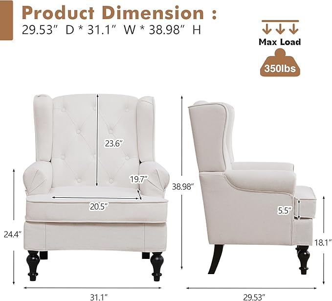 Accent Chair Set of 2, Mid Century Modern Fabric Wingback Chair, Upholstered Armchair with High Back and Vintage Legs, Comfy Single Sofa Side Reading Chair for Living Room Bedroom, Beige