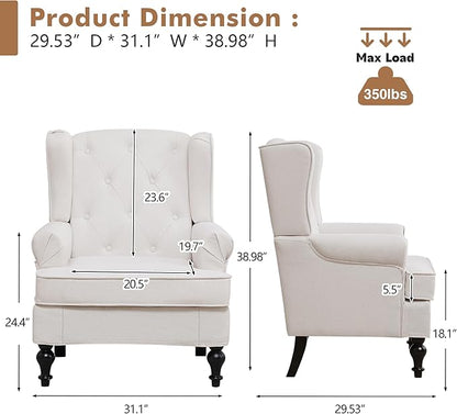 Accent Chair Set of 2, Mid Century Modern Fabric Wingback Chair, Upholstered Armchair with High Back and Vintage Legs, Comfy Single Sofa Side Reading Chair for Living Room Bedroom, Beige