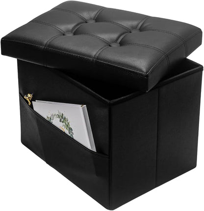 Bsketa Storage Ottoman Foot Rest Stool, Small Leather Storage Ottomans Bench, Folding Footstool with Side Pockets, Foot Rest Under Desk for Living Room Bedroom, 16x12x12 in, Black