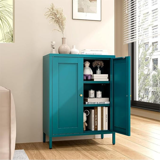 Metal Bathroom Cabinet, Small Floor Storage Cabinet, Freestanding Sideboard with 2 Adjustable Shelves for Living Room, Dining Room, Kitchen (Blue, 31.5" H-2 Doors)