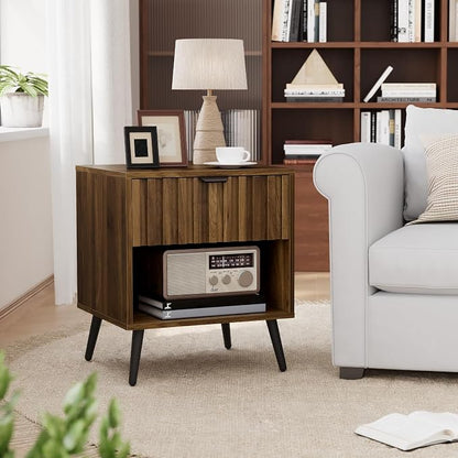 Smuxee Walnut Wooden Night Stand Set of 2, Mid Century Nightstand with Fluted Drawer, Bedside Table with Open Shelf, Modern End Side Table for Bedroom
