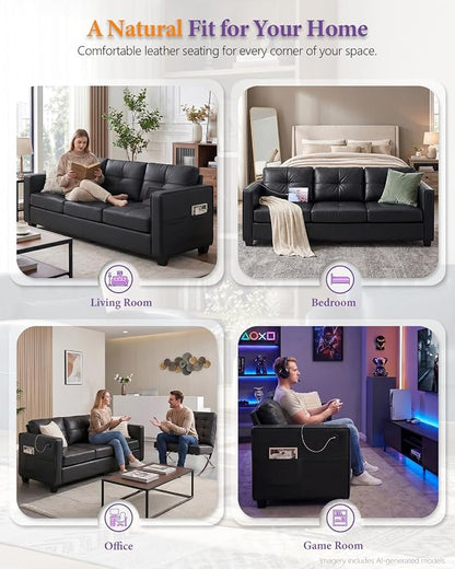 TYBOATLE 88" W Faux Leather Couches w/USB, Tufted Mid-Century Modern Comfy Black Leather Couch w/Side Pockets and Wider Arms for Living Room, 3 Seater Leathe Sofa for Office, Apartment, Bedroom