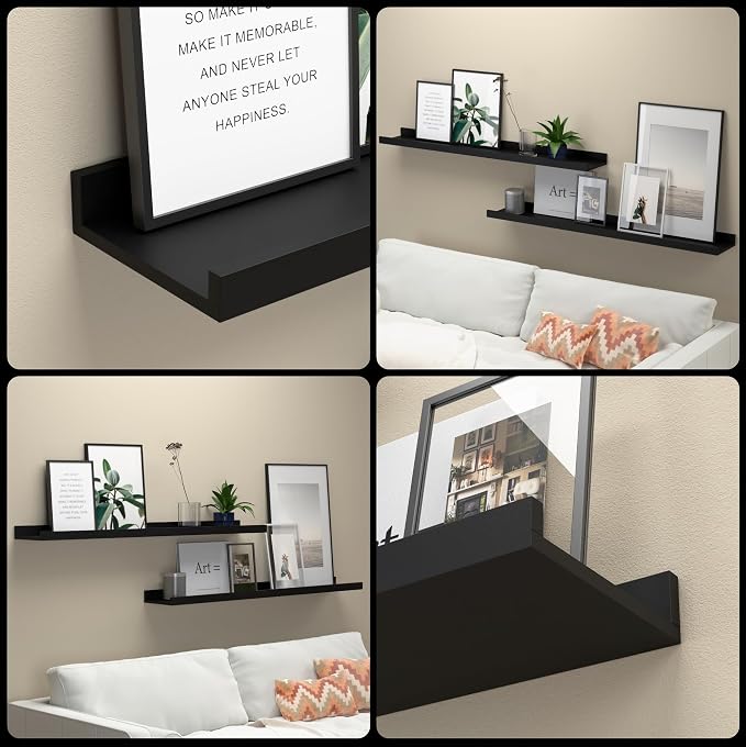 Boswillon 35.4 Inches Long Floating Shelves Wall Mounted, 2 Set Modern Black Wall Shelf for Bedroom, Nursery Book Shelf with Lip, Picture Ledge Shelf for Decor Living Room Bathroom Kitchen- Black