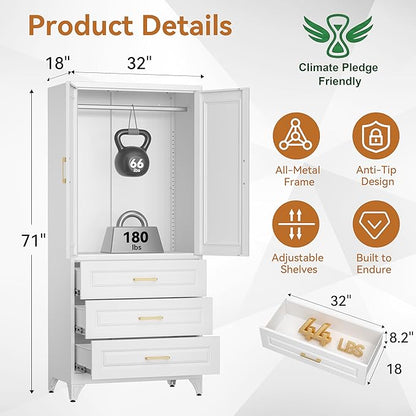 Polup Metal Armoire Wardrobe Closet with Three Drawers, 71“ Tall Large Wardrobe Cabinet with Hanging Rod, Freestanding Wardrobe Cabinet with Doors for Bedroom, White, Assemble Required
