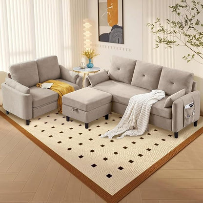 Convertible Sectional Couch Set, 77" L Shaped Sofa with Ottoman and 57" Loveseat, Modern Couches for Living Room, Apartment and Office, Beige