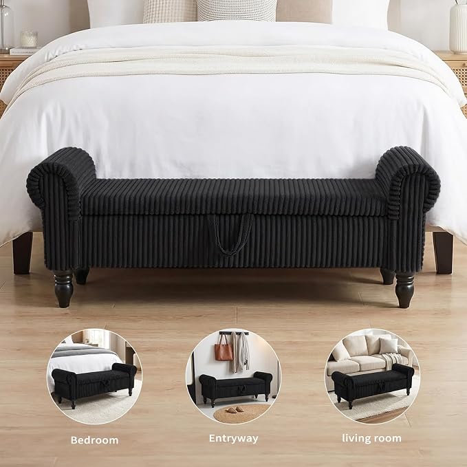 55" Storage Bedroom Bench for End of Bed, Storage Ottoman with Rolled Arms for Bedroom, Living Room, Entryway (Black)