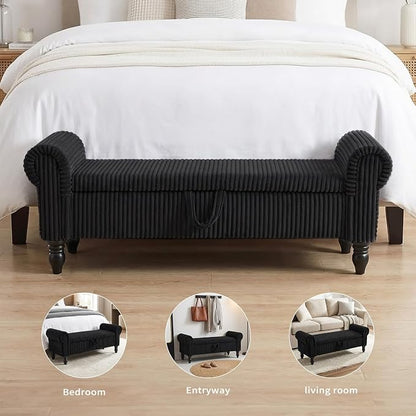 55" Storage Bedroom Bench for End of Bed, Storage Ottoman with Rolled Arms for Bedroom, Living Room, Entryway (Black)