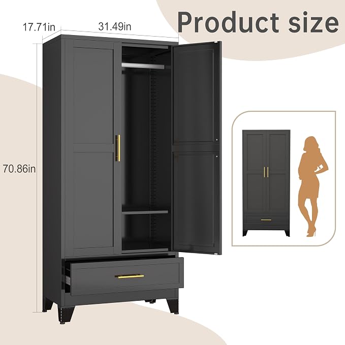 PAOFIN 71" Metal Armoire Wardrobe Closet Storage Cabinet with Hanging Rod,Metal Clothing Cabinet with 1 Drawer and Adjustable Shelf for Bedroom, Laundry Room(Black)