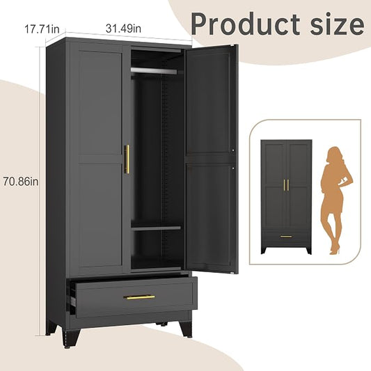 PAOFIN 71" Metal Armoire Wardrobe Closet Storage Cabinet with Hanging Rod,Metal Clothing Cabinet with 1 Drawer and Adjustable Shelf for Bedroom, Laundry Room(Black)