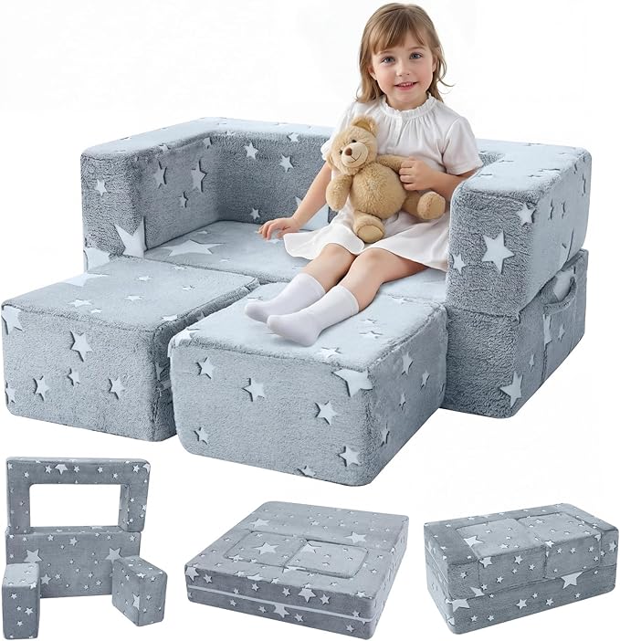 MeMoreCool Modular Kids Play Couch Sofa – Glow-in-the-Dark Star Design, Fold-Out Toddler Couch for Playroom Furniture, Grey