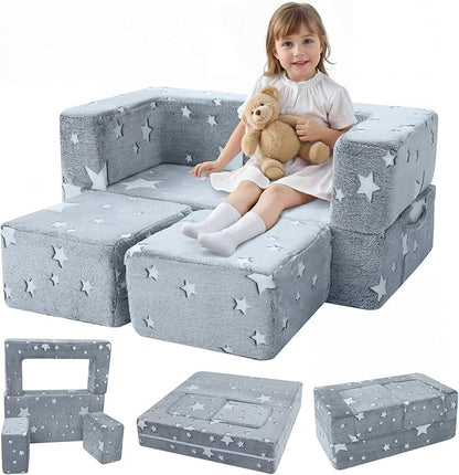 MeMoreCool Modular Kids Play Couch Sofa – Glow-in-the-Dark Star Design, Fold-Out Toddler Couch for Playroom Furniture, Grey