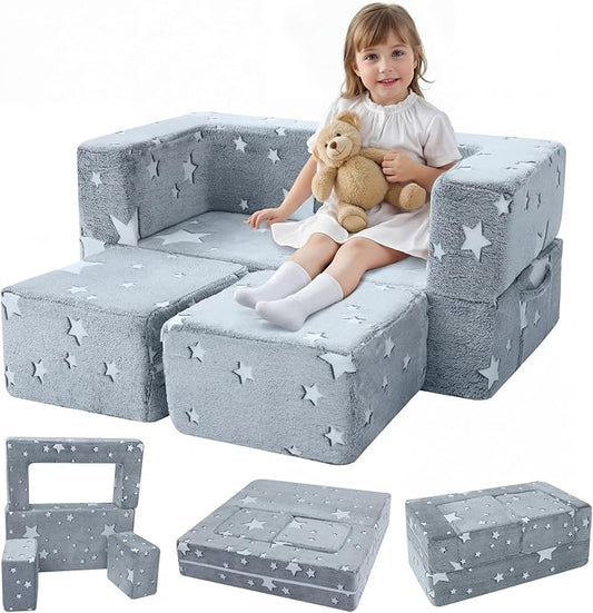 MeMoreCool Modular Kids Play Couch Sofa – Glow-in-the-Dark Star Design, Fold-Out Toddler Couch for Playroom Furniture, Grey