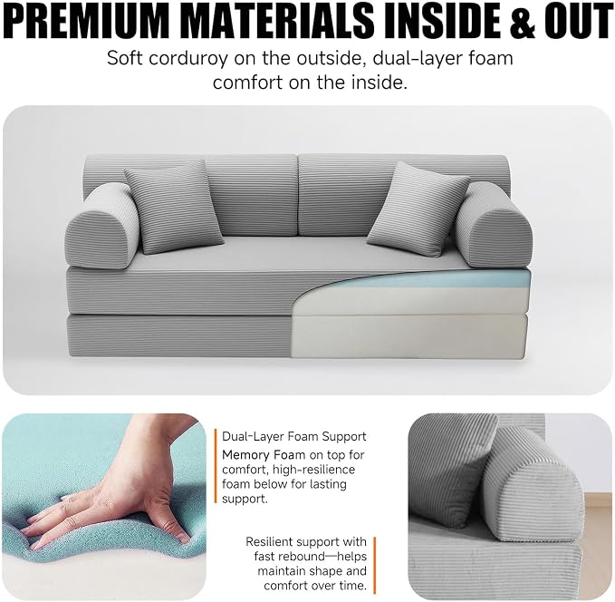 78.8" Boneless Memory Foam Couch, Corduroy Convertible Floor Sofa Bed, Fold-Out Sleeper Futon Loveseat, Wide Armrests & Supportive Back, 1200 lb, Couch in a Box, 2 Pillows, Light Grey