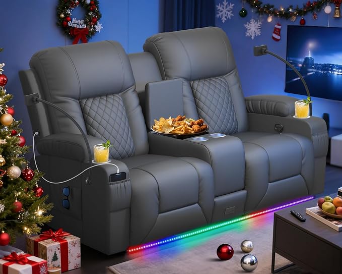 Loveseat Recliner Sofa, Home Theater Seating with Center Console, Reclining Loveseat RV Couch with USB Ports & Phone Holders, Wall Hugger RV Sofa Furniture with Storage & Pocket