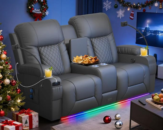 Loveseat Recliner Sofa, Home Theater Seating with Center Console, Reclining Loveseat RV Couch with USB Ports & Phone Holders, Wall Hugger RV Sofa Furniture with Storage & Pocket