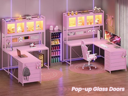 SEDETA L Shaped Gaming Desk with Drawers, L Shaped Computer Desk with Hutch and Storage Shelves, Gaming Desk with Pegboard, Led Lights, and Power Outlet, Home Office Desk, Corner Desk, Pink