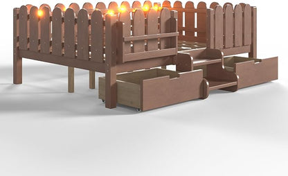 Bellemave Full Kids Montessori Bed with Stairs, Bookshelf and LED Lights, Solid Wood Kids Bed Frame with Storage Drawers for Boys Girls, Low Profile,Deep Natural