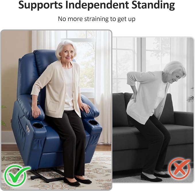 MCombo Power Lift Recliner Chair for Elderly, Lift Chair with Heat and Massage, FSC Certified, USB Ports, Cup Holders, Faux Leather 7141 (Blue, Small)