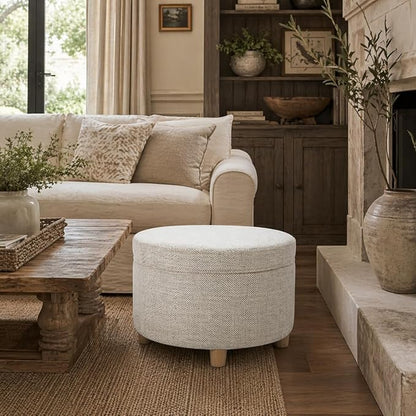 HomePop 24" Large Round Storage Ottoman - Cream Chevron Woven