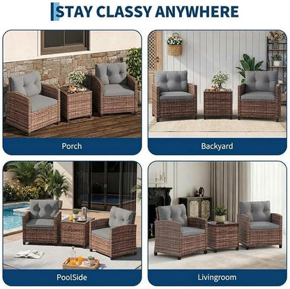 GarveeLife 3 Pieces Patio Furniture Set, PE Rattan Patio Conversation Set with Tempered Glass Tabletop, Outdoor Wicker Chairs and Table Set for Patio Balcony Garden, Brown and Grey
