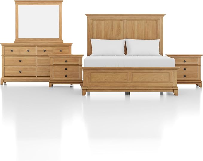 Furniture of America Yardley Farmhouse Solid Wood 5-Piece Bedroom Set with Platform Bed, Felt-Lined Top Drawers on Nightstands and Dresser with Mirror, Box Spring Needed, Queen, Natural Oak
