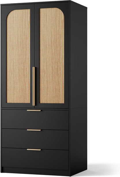 GarveeHome Armoire Wardrobe Closet, 69.5 in Wooden Wardrobe Cabinet with 3 Drawers, Hanging Rod, 2 Doors Clothing Storage Cabinet for Bedroom, Large Capacity Storage, Rattan Door, Black