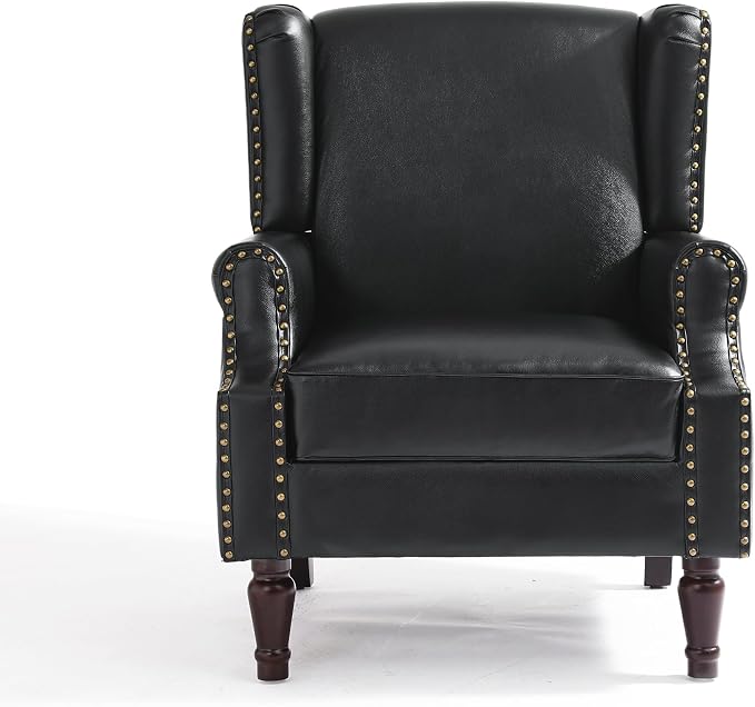 Faux Leather High Back Accent Chairs Set of 2, Upholstered Armchair for Living Room, Retro Wingback Arm Chair Nailhead Trim Single Sofa Bedroom Reading Seat with Solid Wood Legs - Black