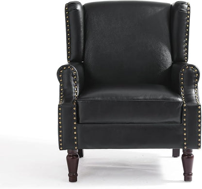Faux Leather High Back Accent Chairs Set of 2, Upholstered Armchair for Living Room, Retro Wingback Arm Chair Nailhead Trim Single Sofa Bedroom Reading Seat with Solid Wood Legs - Black
