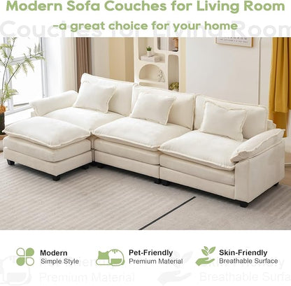 Oprisen 120" Modular Sectional Sofa, Comfy Cloud Couch Sectional Sofa with Ottoman, Chenille Sofa Sleeper Deep Seat Sofa with Throw Pillows for Living Room (Beige White, 120"- L Shape)