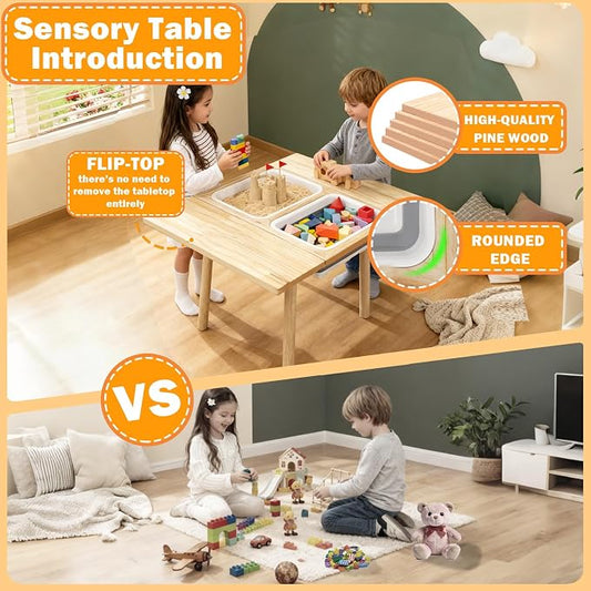 Large Solid Pine Wood Table with Flip Top, Activity Table with 2 Storage Bins & Double-Sided Board, Indoor/Outdoor Play Sand and Water, Multi-Functional Desk for Drawing Studying Dining