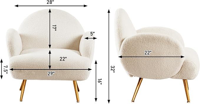Accent Chair White with Golden Metal Legs,Reading Chair for Bedroom Comfy, Boucle Sherpa Chair for Living Room, Bedroom