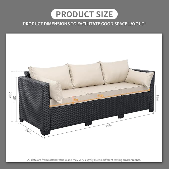 Rattaner Patio Furniture 3-seat Sofa Wicker Outdoor Furniture Outdoor Couch Deep Seat Hight Backrest Waterproof Cover Anti-Slip Cushions, Khaki
