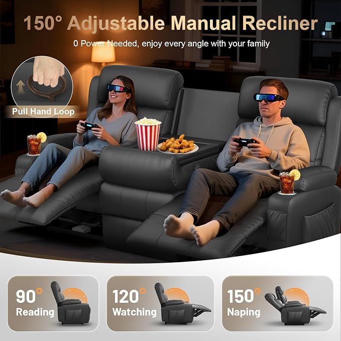 Loveseat Recliner Sofa, Home Theater Seating with Massage, 3 Seat Reclining Loveseats with Flip Backrest, Wall Hugger RV Couch Theater Chairs, RV Furniture Sofas with USB, Cup Holders for Gaming Room