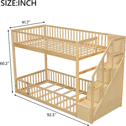 Twin Over Twin Floor Bunk Bed with Storage Ladder and Guardrails,for Kids Teens Adults (Natural#Ladder, Twin Over Twin)