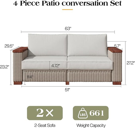 PaPaJet 4-Piece Wicker Patio Furniture Set with Solid Wood Armrest, Outdoor Patio Set with Thick Legs, UV-Resistant Modular Outdoor Sectional Sofa for Backyard, Porch, Garden