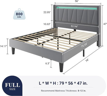 Allewie Full Size LED Bed Frame with Charging Station, Velvet Upholstered Platform Bed with Geometric Wingback Headboard, Modern Frame with No Box Spring Needed, Easy Assembly, Grey