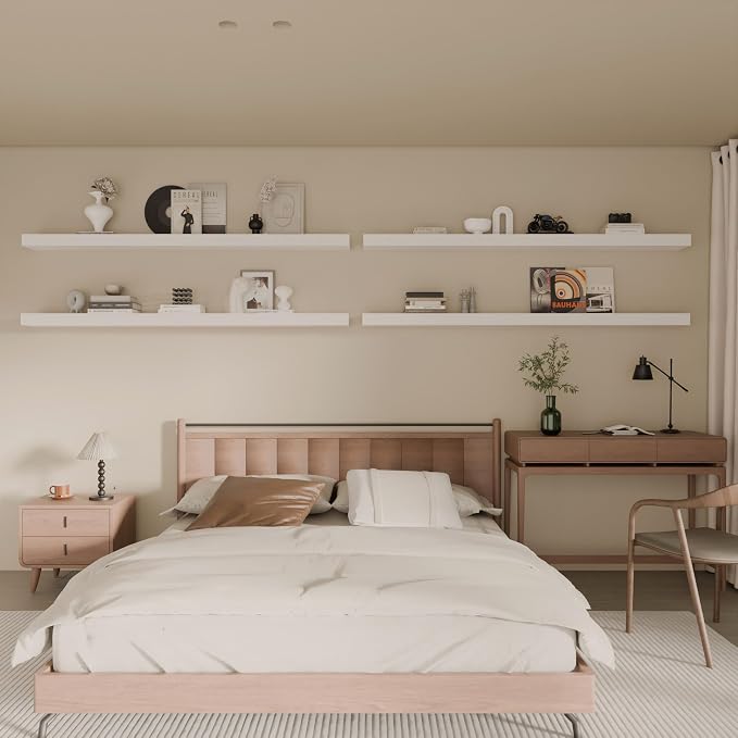Floating Shelves for Wall, 60 Inch Extra Long White Wall Shelves, Set of 4, Hanging Invisible Brackets Floating Shelves for Living Room,Bedroom,and Kitchen